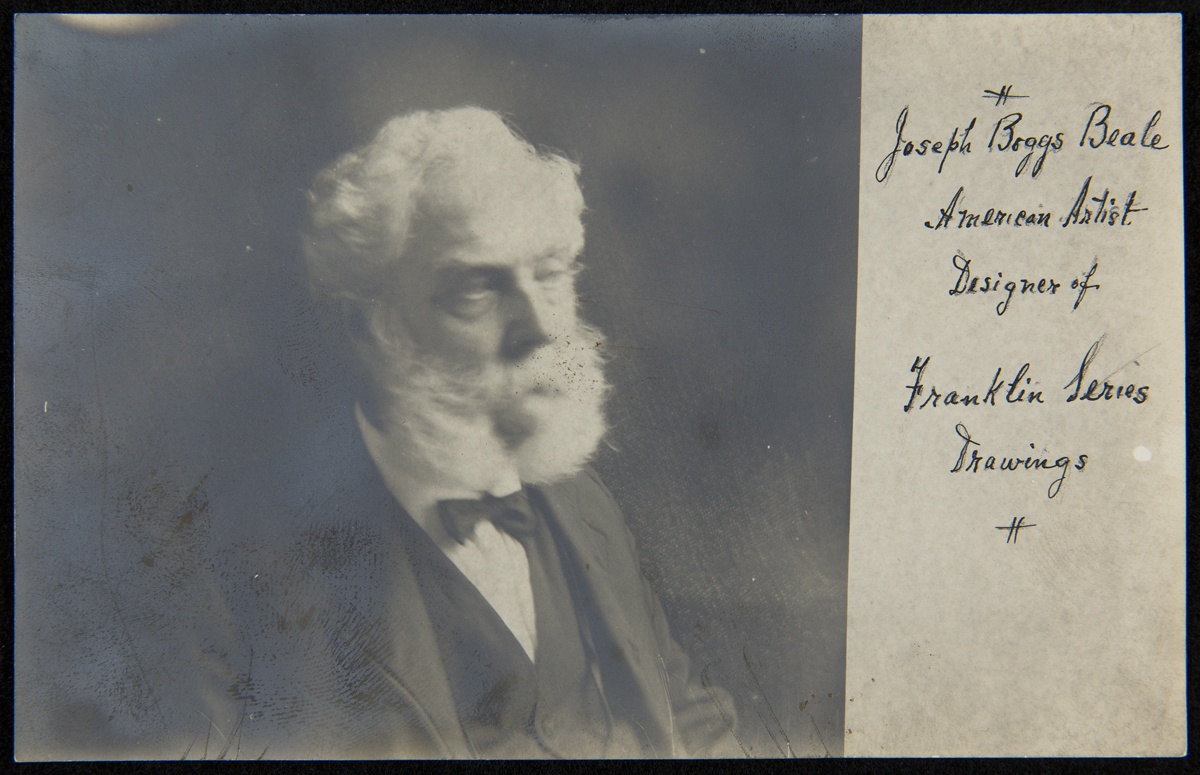 Black-and-white portrait of man in suit with white hair, beard, and mustache; cursive text on one side