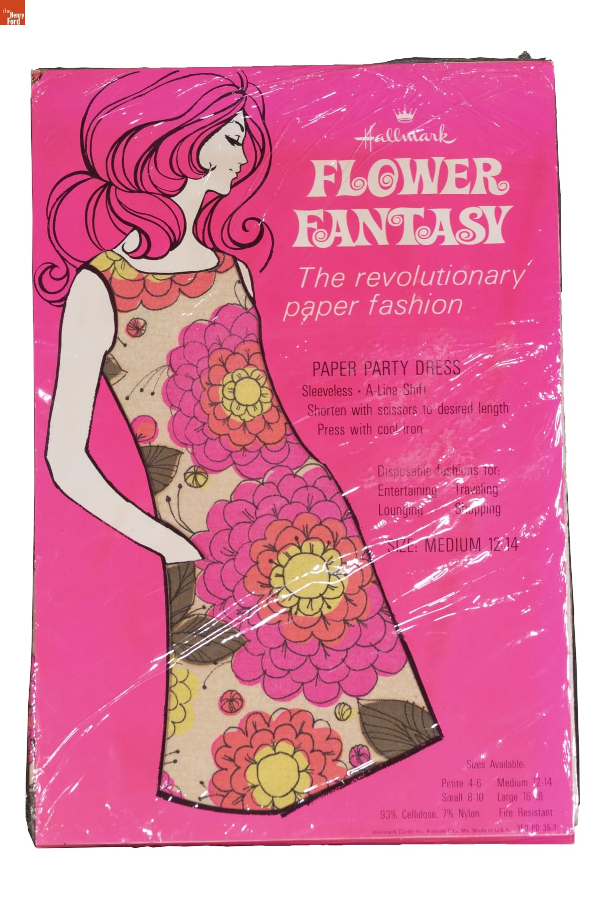 "Flower Fantasy" Paper Party Dress in Packaging, 1967-1969 Hot pink package with drawing of woman with short dark hair, wearing dress with pattern of holly leaves and berries; also contains text