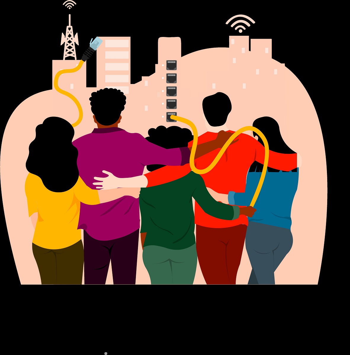 Illustration of five people, backs to the viewer, arms around each other, looking at a cityscape with with USB cords plugged into buildings and wifi/Internet symbols