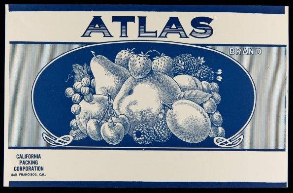 Crate Label, "Atlas Brand Fruit," 1920-1930 Etching of a variety of fruit in blue tones; contains large text "Atlas"