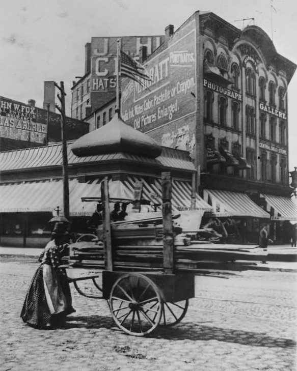 thf623831 Women Pushing a Handcart along Michigan Avenue at Woodward, Detroit, Michigan, 1875-1893