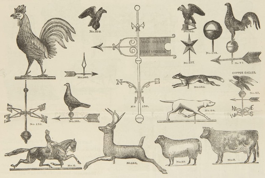 Drawings of weathervanes in the shape of animals and ornamental patterns