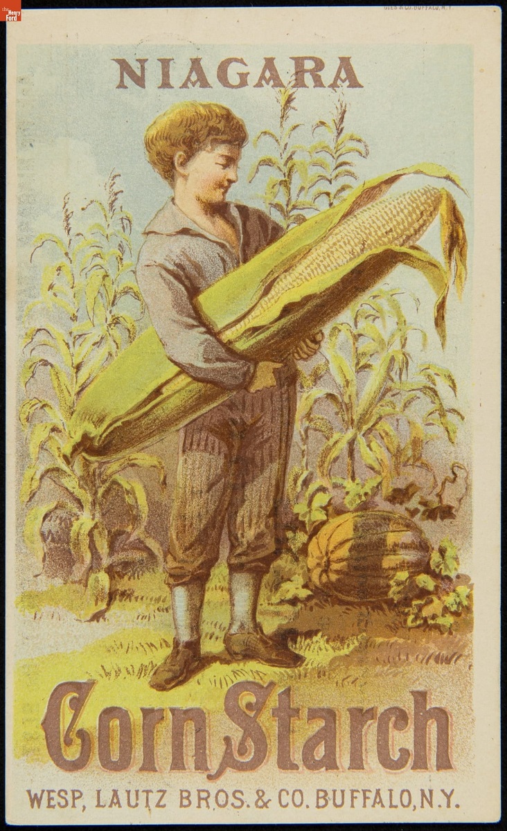 Card with text and illustration of boy holding an absurdly large ear of corn, with regular-sized corn and a pumpkin in a field behind him