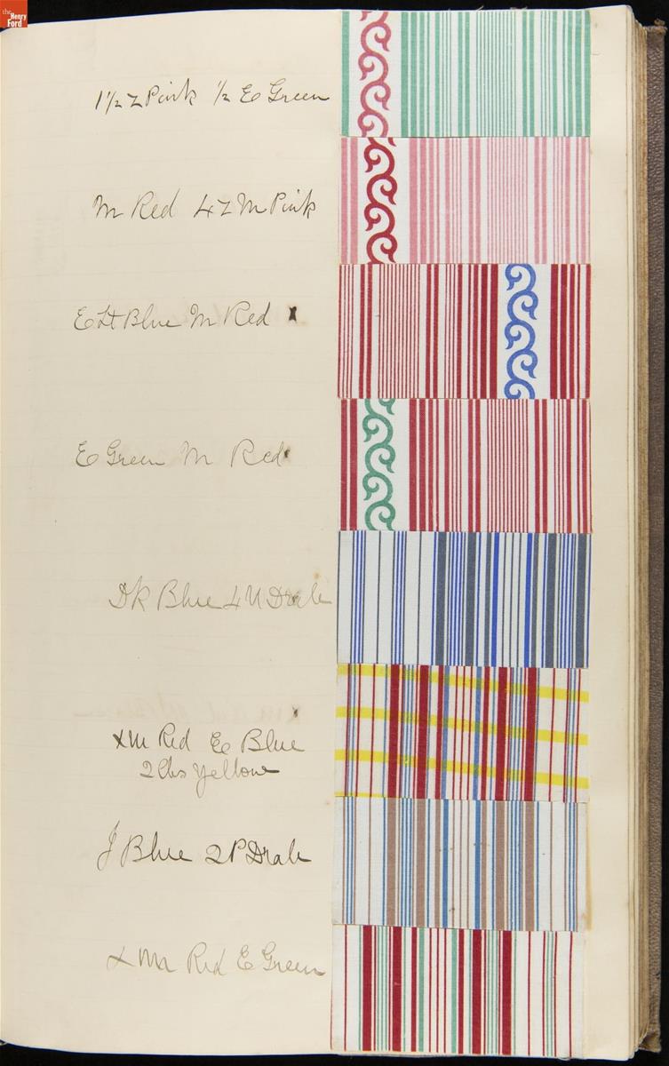 Washington Anderton's Textile Samples Notebook, Cocheco Mfg. Co., 1876-1877 / pg.58 Page with handwritten text on left side and textile sample swatches on right side