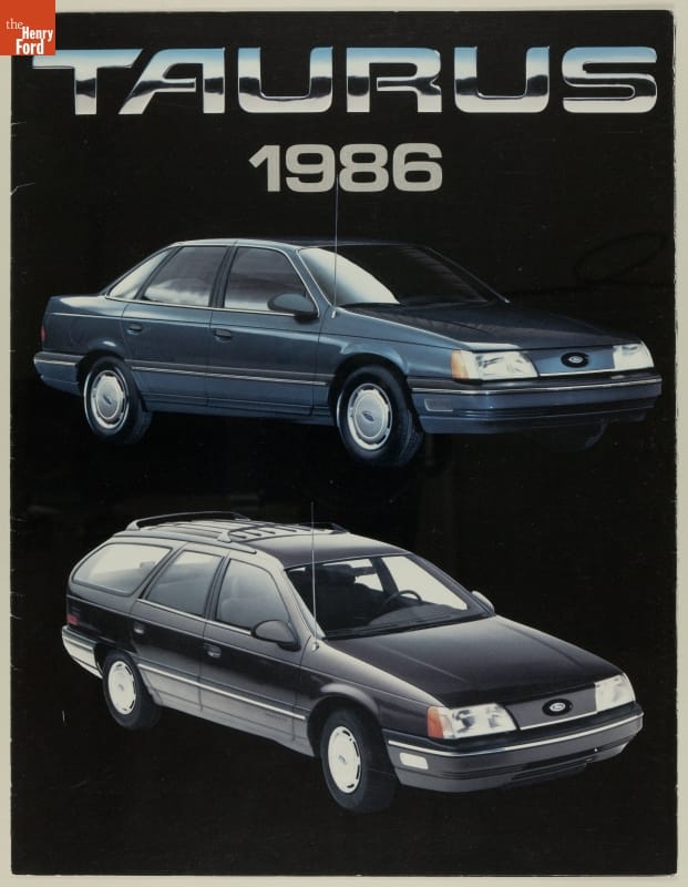 Sales Brochure for the 1986 Ford Taurus Page with text "TAURUS 1986" and images of sedan car and rounded station wagon