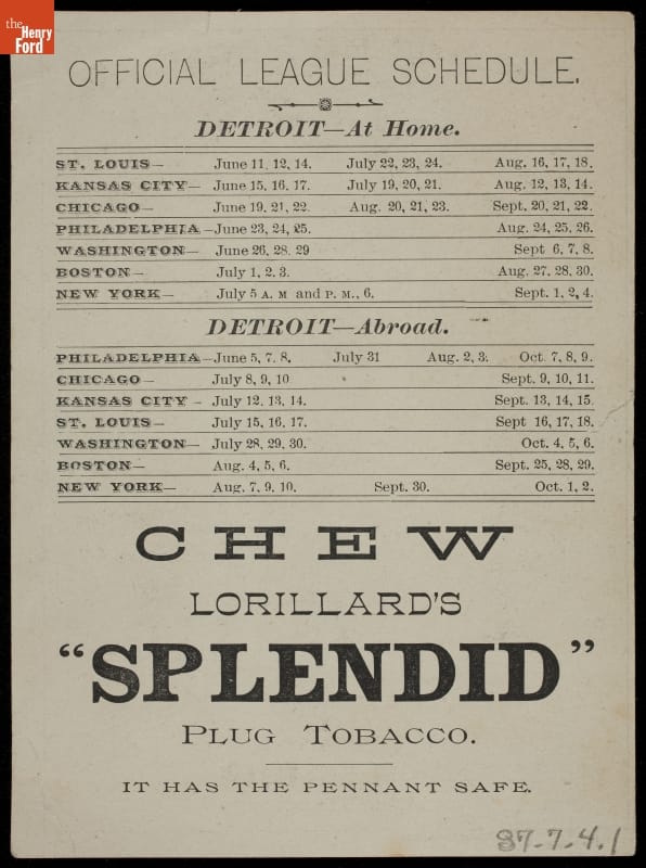 Trade Card for the Detroit League Base Ball Club, Sponsored by "Splendid" Plug Tobacco, P. & G. Lorillard, 1886 / back Page with text