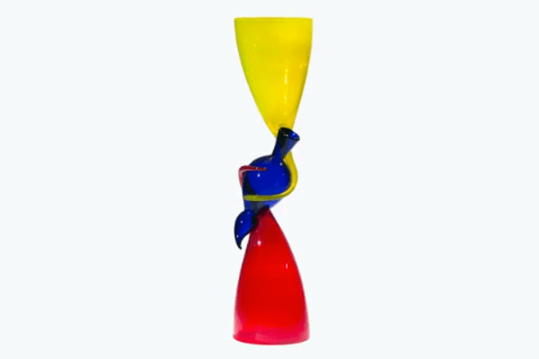 Untitled from Relationship Series by Richard Royal, 1997 / 360-degree view GIF of rotating glass artwork, red cuplike shapes on bottom and top, blue abstract shape in middle