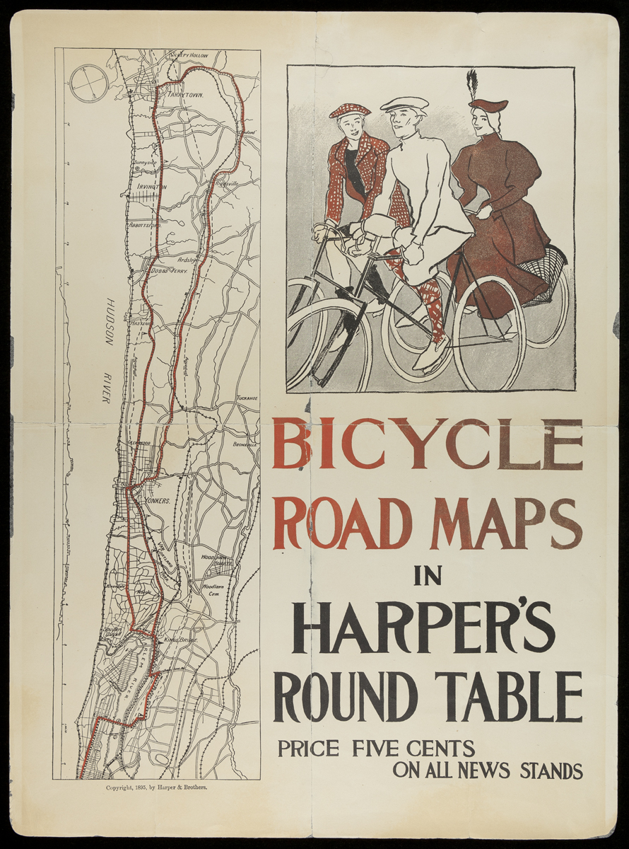 Poster, "Bicycle Road Maps in Harper's Round Table," 1895 Page with drawing of three people on bicycles, map, text