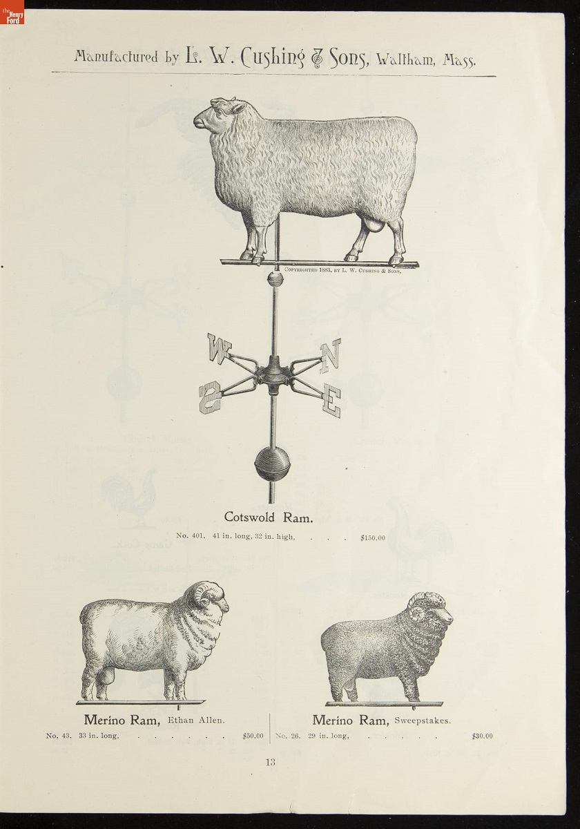 Several drawings of weathervanes featuring different sheep varieties; also contains text