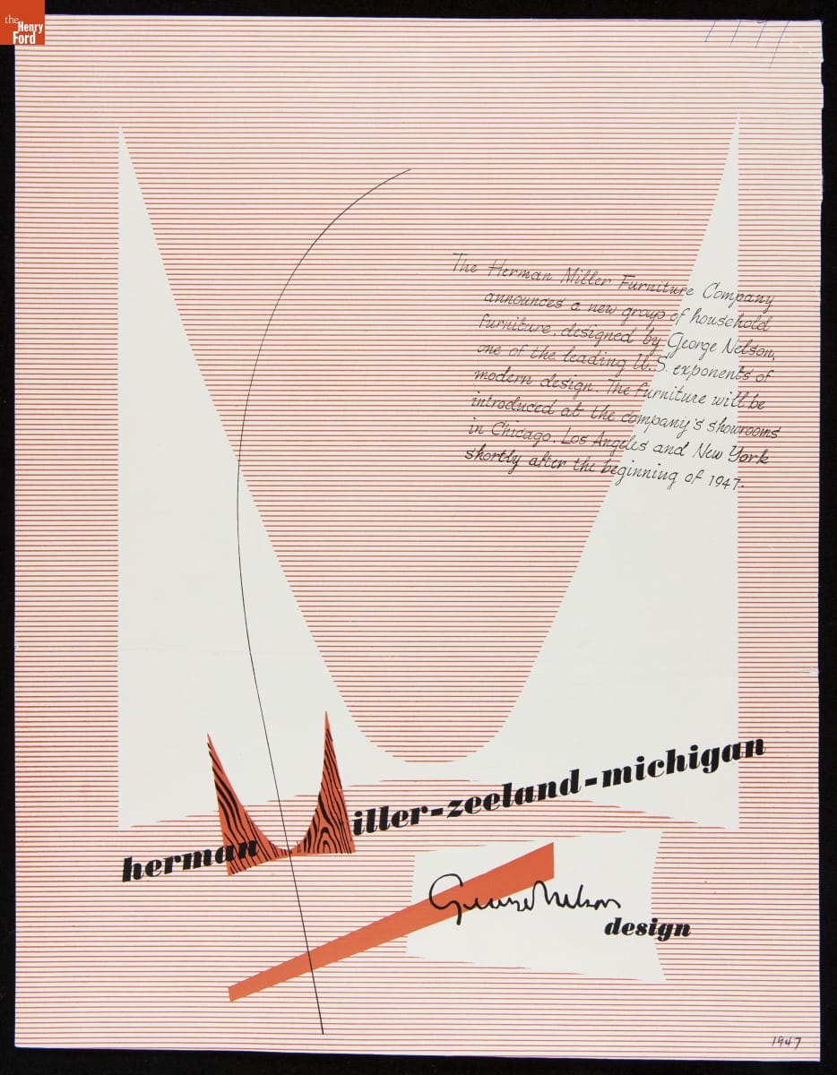 "Herman Miller Furniture Company Announces a New Group of Household Furniture Designed by George Nelson," July 1947 Page with text, pink-striped background, and large, heavily stylized white letter "M"