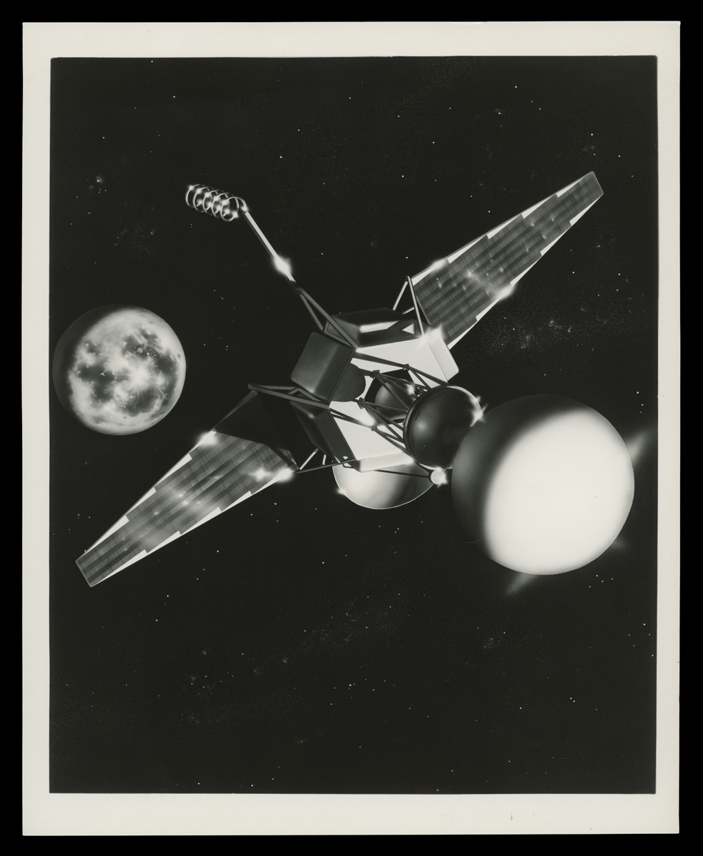 Artist's Rendering of Lunar Capsule Built by Ford Motor Company Aeronutronic Division, 1960 Illustration of satellite in space with planet Earth in the background
