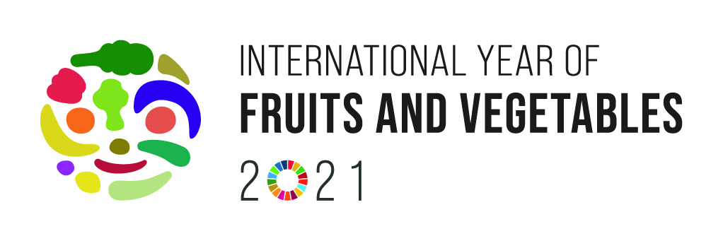 Logo with text "International Year of Fruits and Vegetables 2021" and smiley face made up of simple stylized vegetables