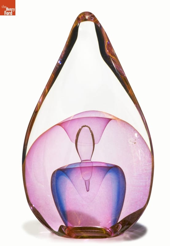 Emergence Series by Dominick Labino, 1980 Translucent glass sculpture in teardrop-like shape with clear, pink, and blue glass