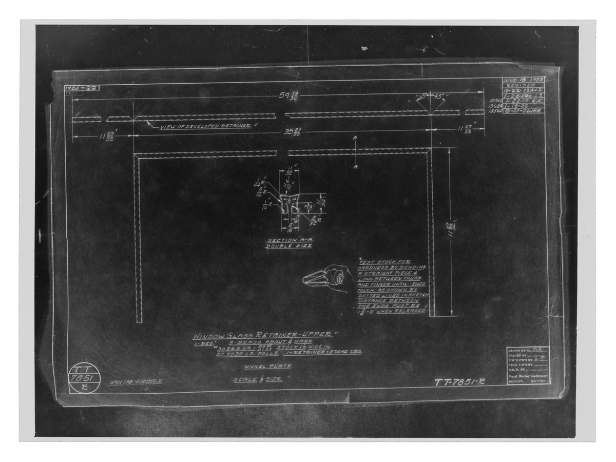 Drawing, "Window Glass Retainer - Upper," Ford Model TT Truck, August 25, 1926 Dark background containing white line drawings, notations and text