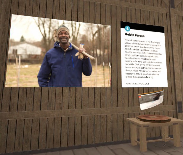 View of The Henry Ford's Entrepreneurship Sagan Virtual Space Virtual space with image of smiling man with shovel and text panel on wooden wall