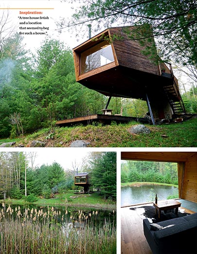 Micro Living: 40 Innovative Tiny Houses Equipped for Full-Time Living, in 400 Square Feet or Less Three images of interior and exterior of an elevated wooden "tiny house" by a pond and among trees