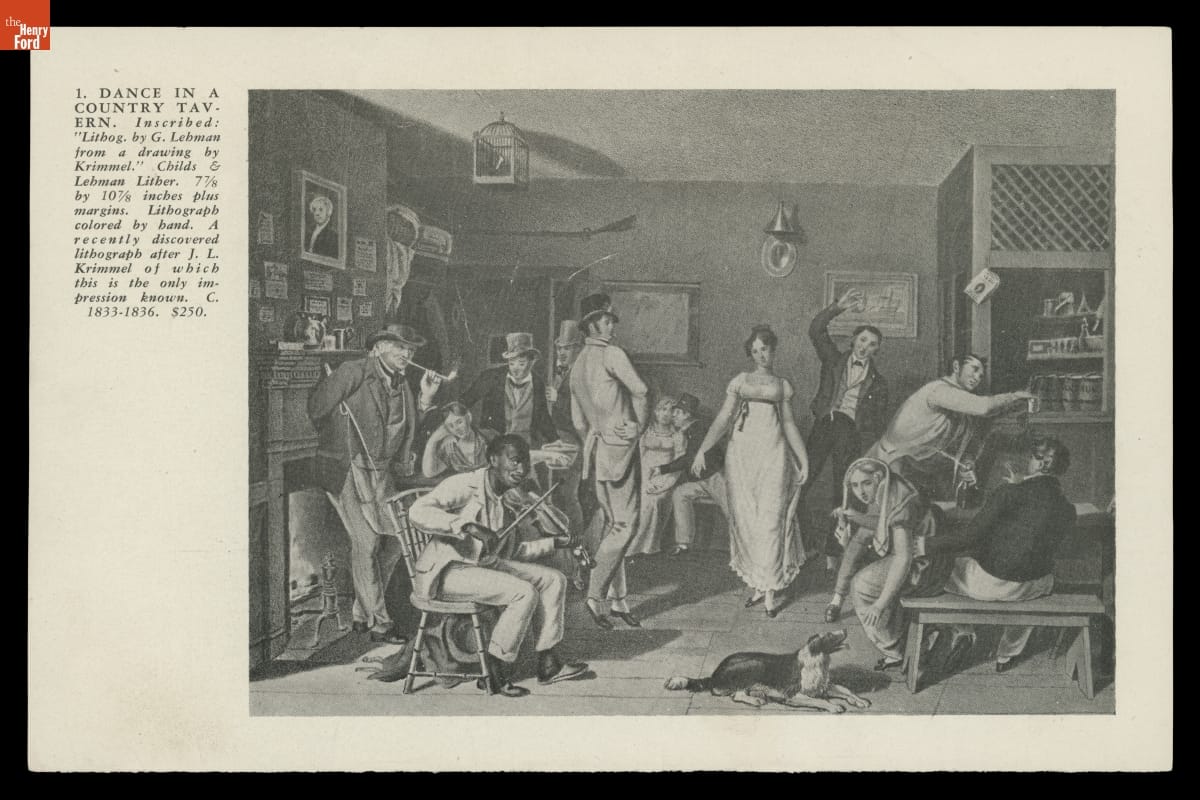 The Print "Dance in a Country Tavern" in The Old Print Shop "Portfolio" Catalog, December 1948 Print of people dancing, playing music, and drinking in a barroom with a fireplace; also contains text