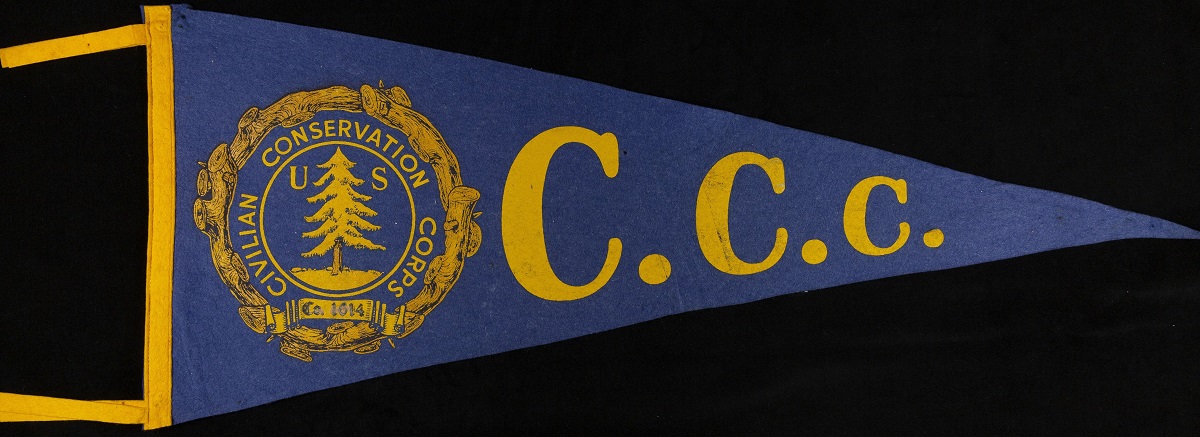 Blue pennant with text "C.C.C." and golden seal with text and tree