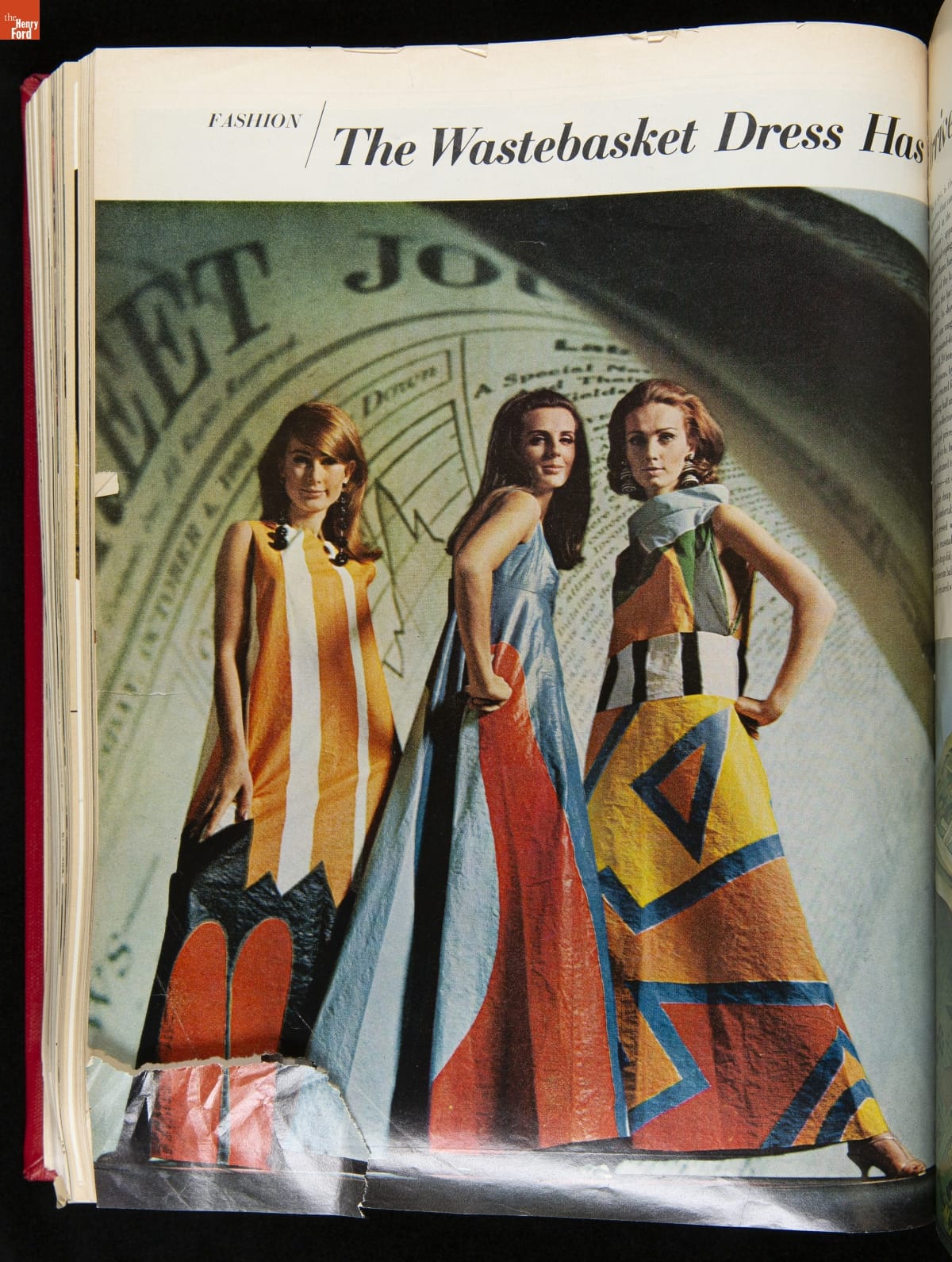Life Magazine, Bound Volume, October-December, 1966 / 25 November 1966 (Page 132) Three women pose in floor-length boldly geometrically patterned sleeveless dresses; styles and colors vary; also contains text
