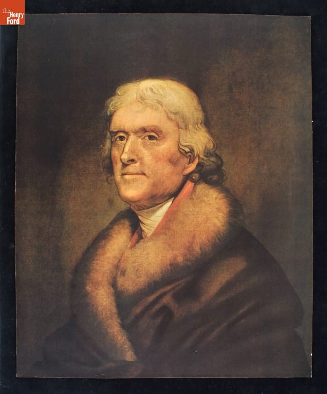 Print, "Thomas Jefferson," 1890-1920 Painted portrait of man with wavy white hair wearing coat or robe with fur collar