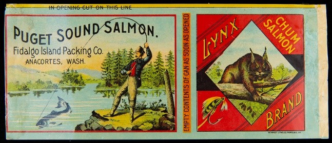 Can Label, "Lynx Brand Puget Sound Salmon," 1880-1900 Label with two parts--one showing man fishing on the edge of a lake; the other showing a lynx in a diamond shaped space bordered by red; also contains text