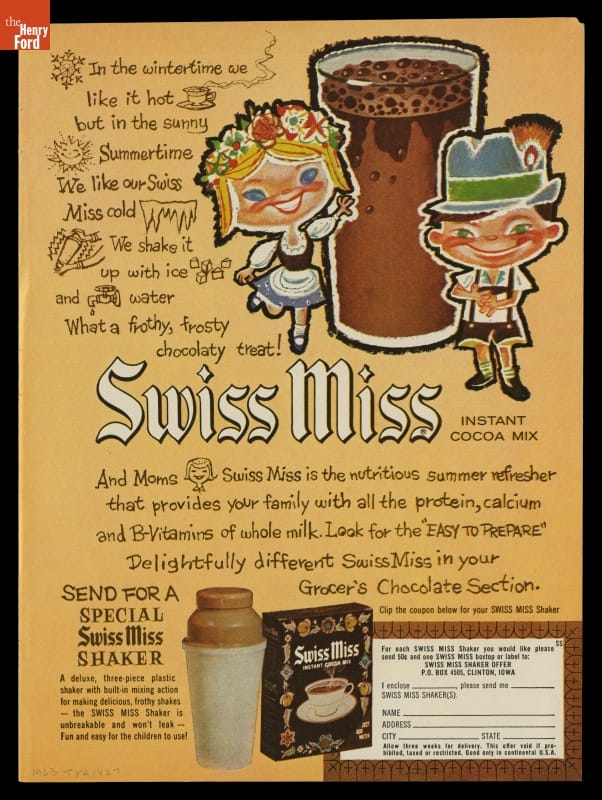 Swiss Miss Instant Cocoa Mix Advertisement, 1963 Sheet with text and drawings