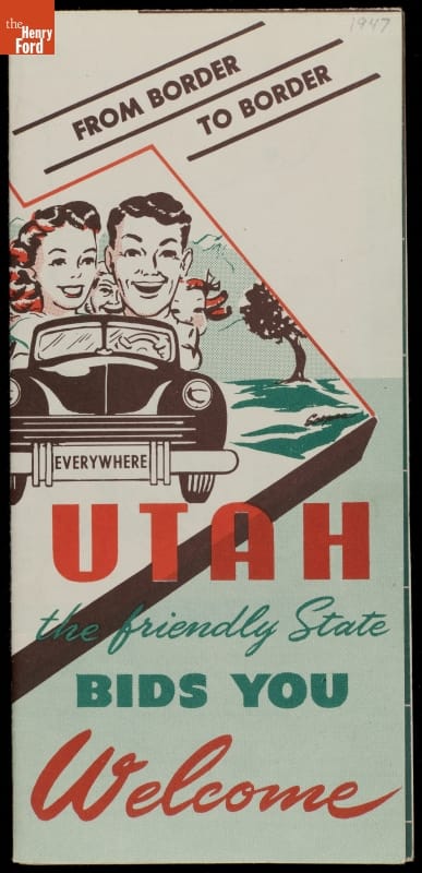 Travel Brochure, "Utah the Friendly State Bids You Welcome," circa 1950 Brochure cover with text and image of convertible car with oversized heads of a man and woman sticking out the top