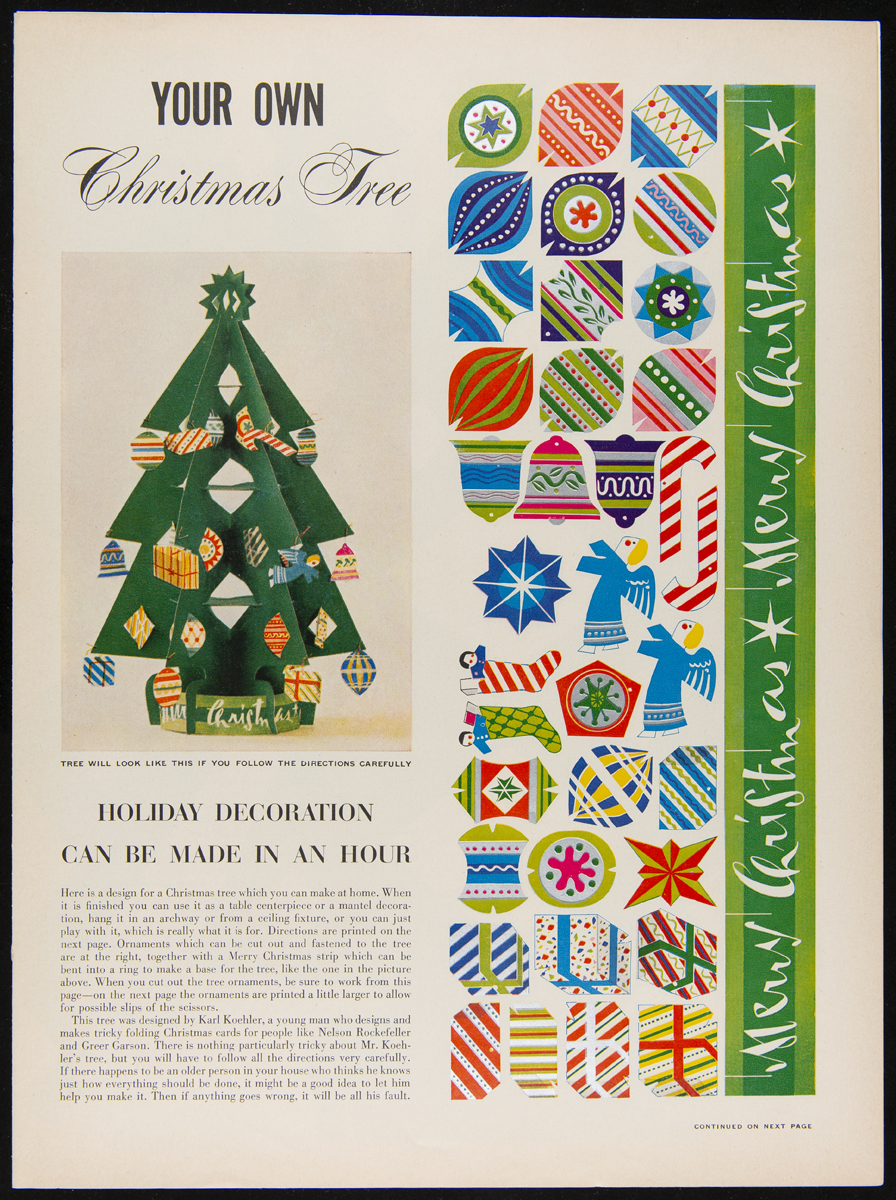 "Life" Magazine for December 25, 1950 / article 1 Page with text, image of three-dimensional paper Christmas tree, and graphics of ornaments and other tree decorations as well as a banner