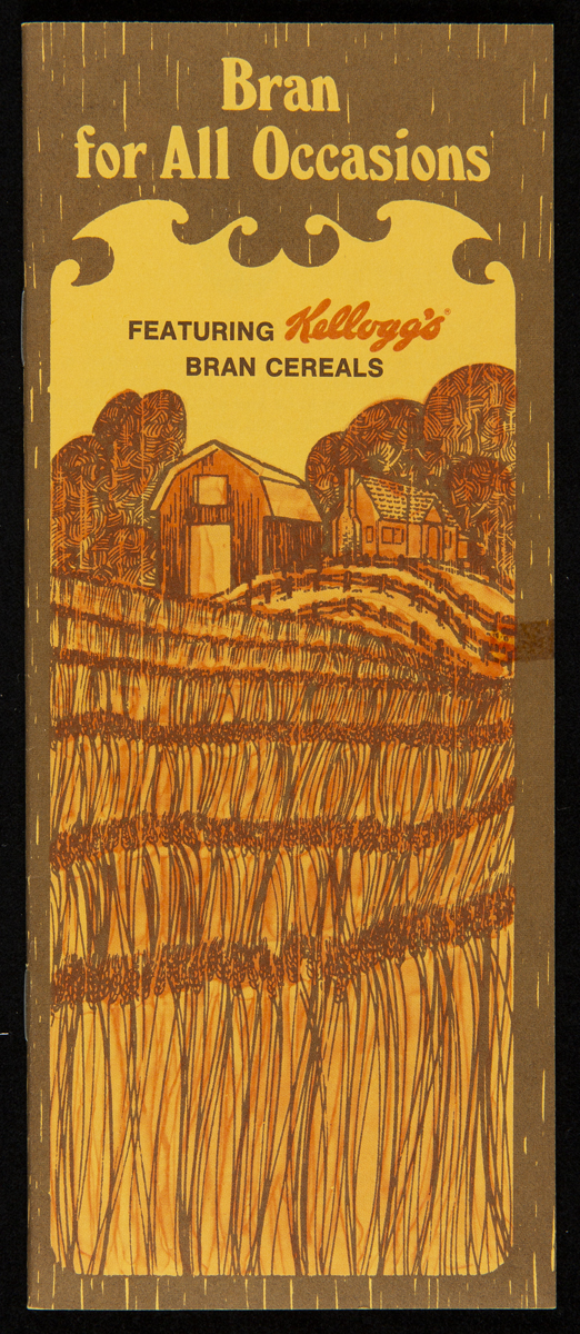 Recipe Booklet, "Bran for All Occasions," circa 1982 Brown and yellow cover of recipe booklet, Bran for All Occasions, “featuring Kellogg’s bran cereals,” ca. 1982, showing a barn and field