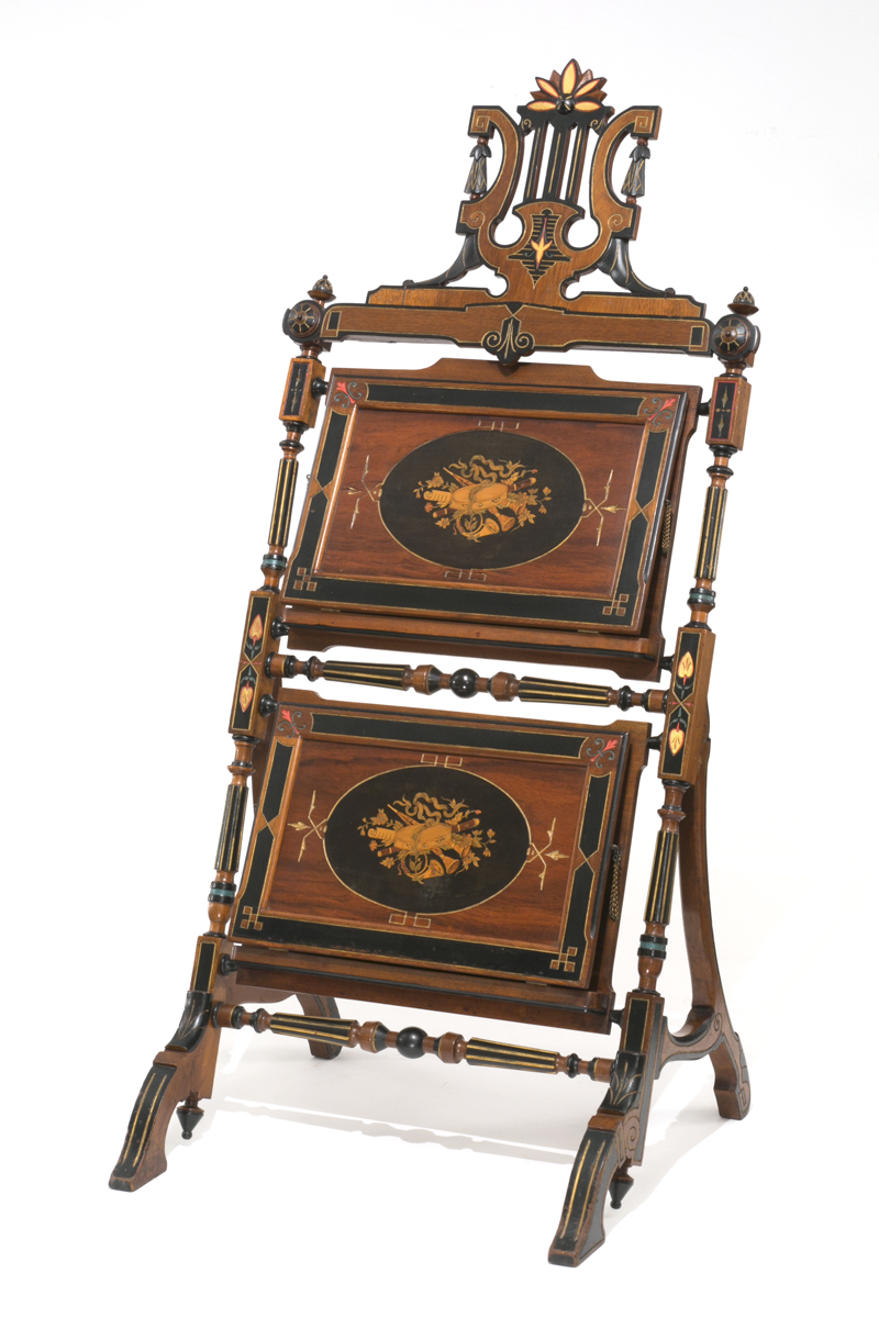 Intricate wooden stand with inlay and carved designs