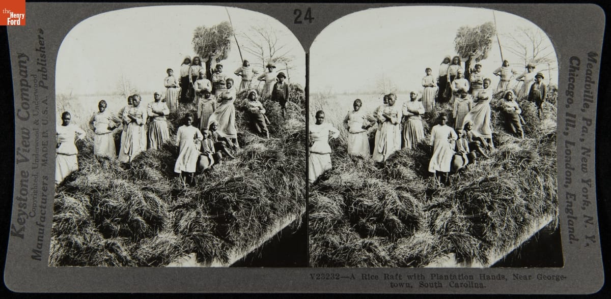 Double arched duplicate photographs in a frame with text, showing a group of African American people standing on a large hay pile 