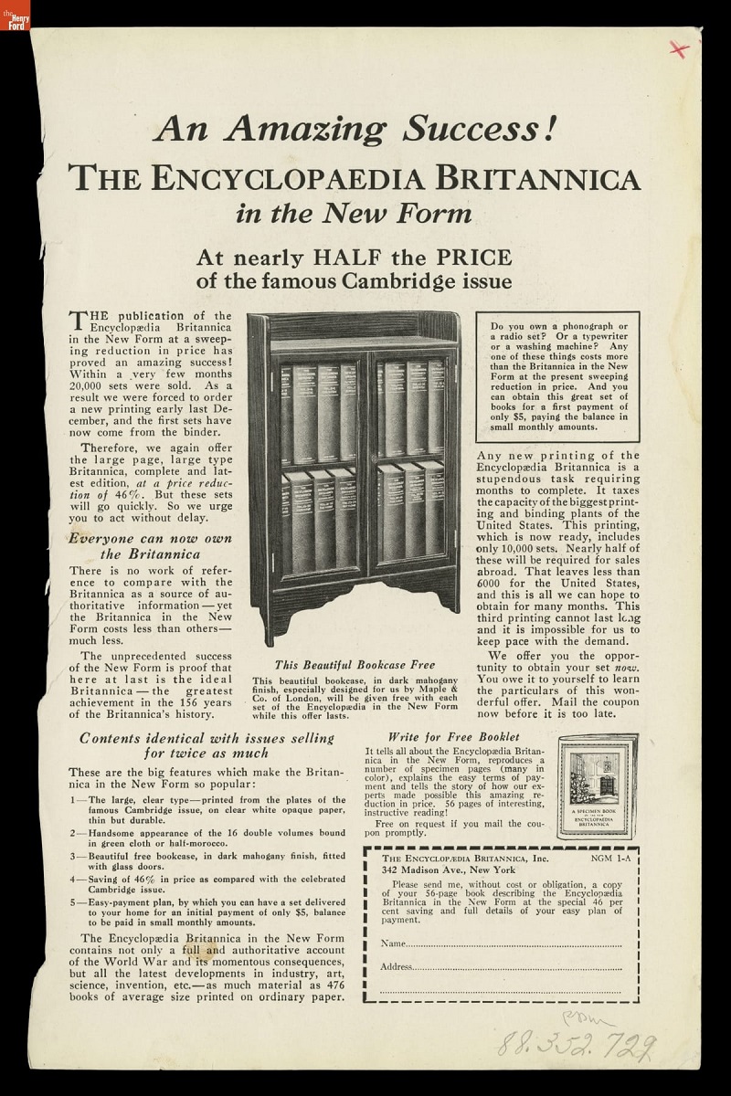 Advertisement for Encyclopedia Britannica, 1925 Page with text and image of glass-fronted bookcase filled with books