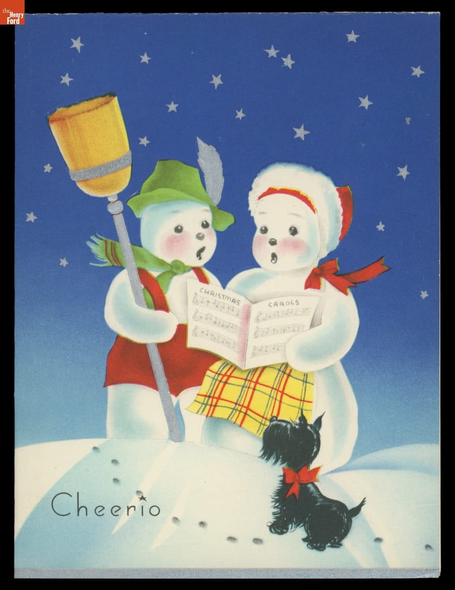 Christmas Card, "Cheerio," 1941 Christmas card of two snowpeople singing from sheet music against a blue sky filled with stars as a black Scottie dog looks on