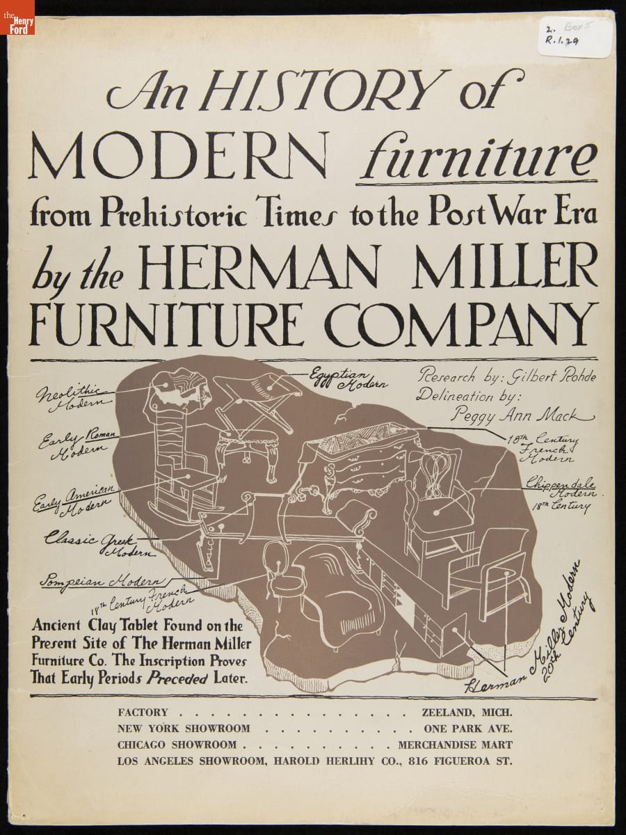 Page with text and line drawings of furniture
