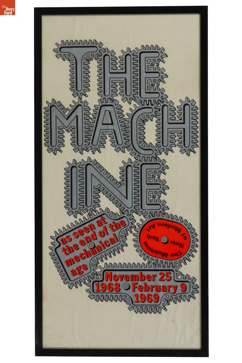 "The Machine" Poster by Lillian F. Schwartz, 1968 Poster with text surrounded with gear-type teeth in gray and red