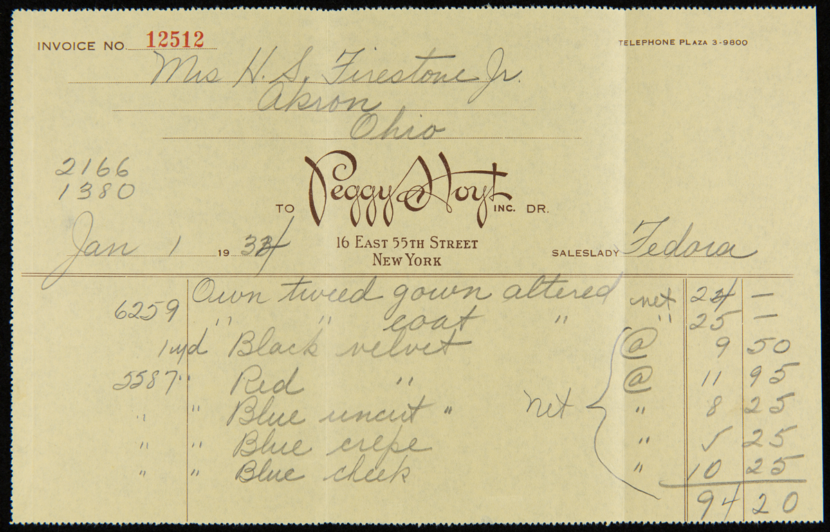 Receipt for Mrs. H.S. Firestone, Jr. from Peggy Hoyt, Inc., January 1, 1934 / front Beige receipt with printed letterhead and hand-written text