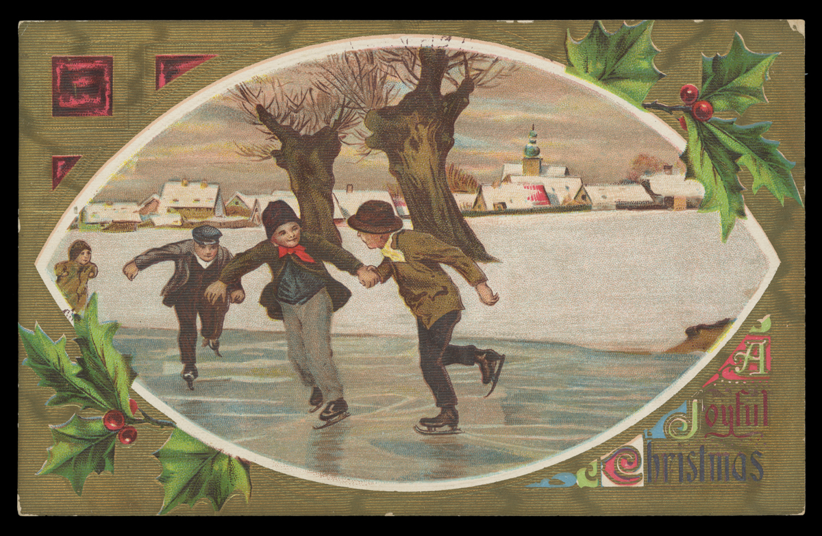 A Joyful Christmas, circa 1910 Postcard with eye-shaped illustration of children skating on an icy pond; border contains holly and text