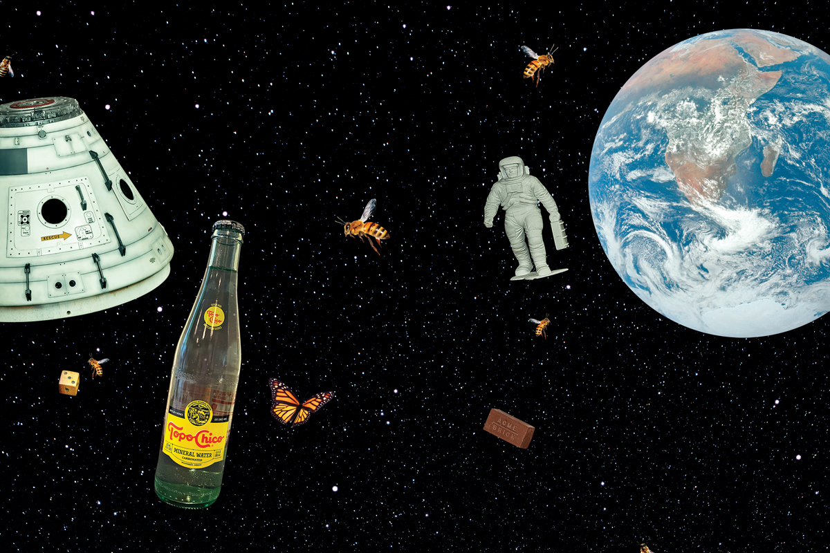 Aspects of Dan Winters' world Black space with stars, Earth, space capsule, astronaut model; also floating in space are bees, a brick, a die, and a Topo Chico bottle