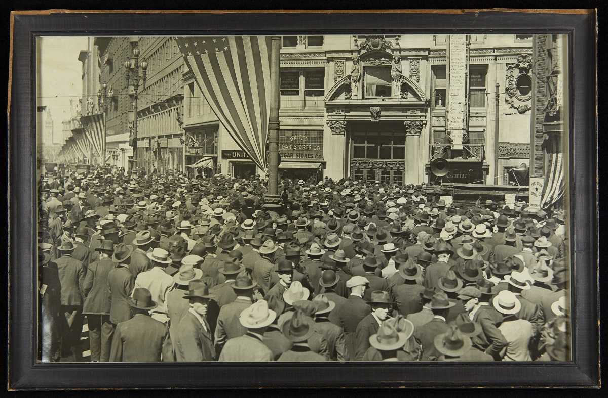 1920 Presidential Election Results Reported Using Magnavox Public Address System, San Francisco, California Crowd of people outside a building