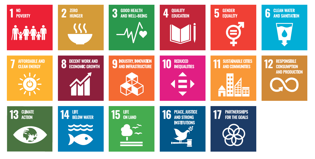 UN Sustainable Development Goals Group of brightly colored squares, each containing text and an icon