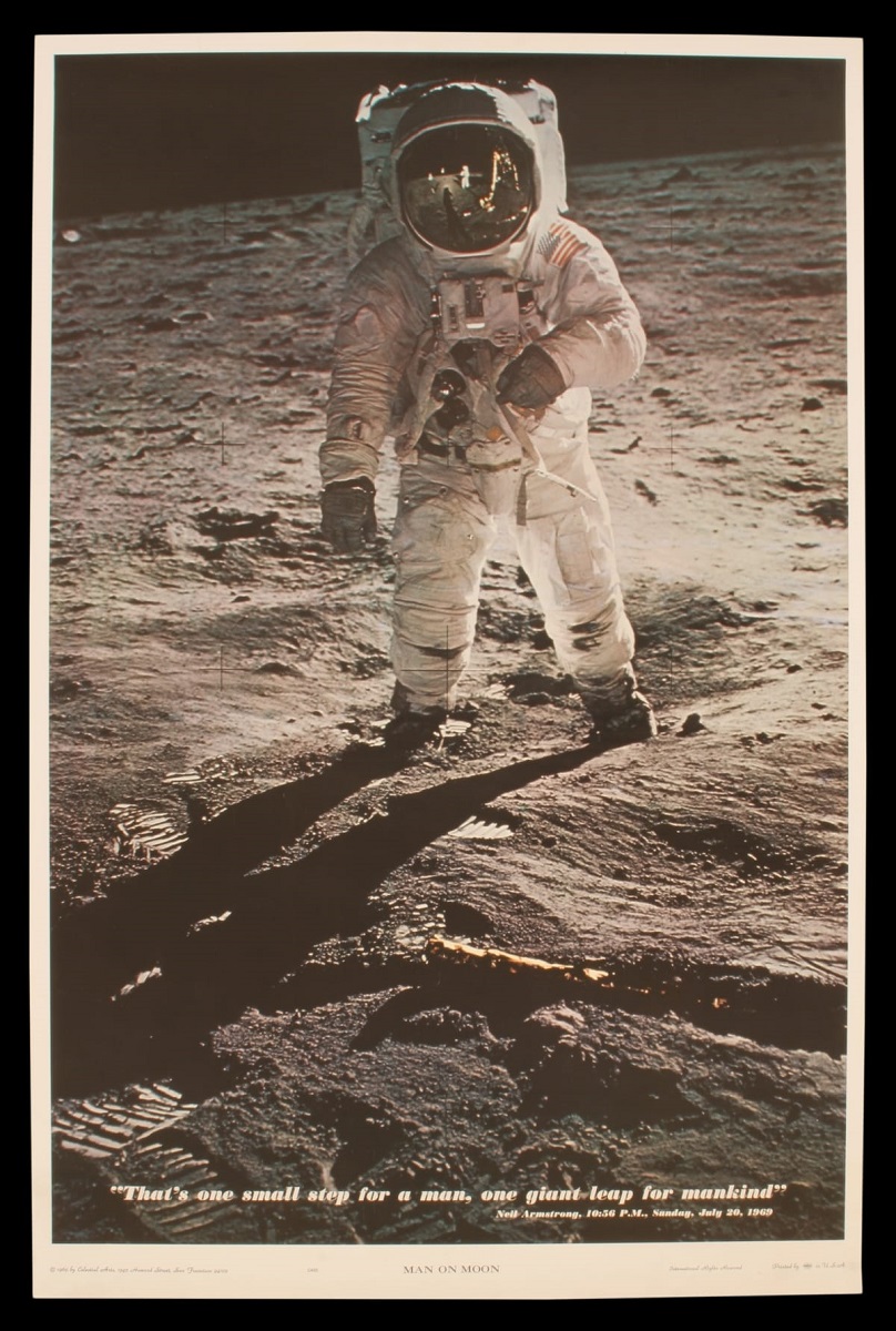 Commemorative Poster, "That's One Small Step for a Man, One Giant Leap for Mankind," 1969 Poster of astronaut in spacesuit on the moon; also contains text