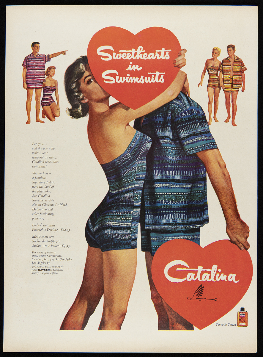 Advertisement, "Sweethearts in Swimsuits," 1955 Advertisement with text and image of woman in blue swimsuit with her arms around man in matching shirt and trunks