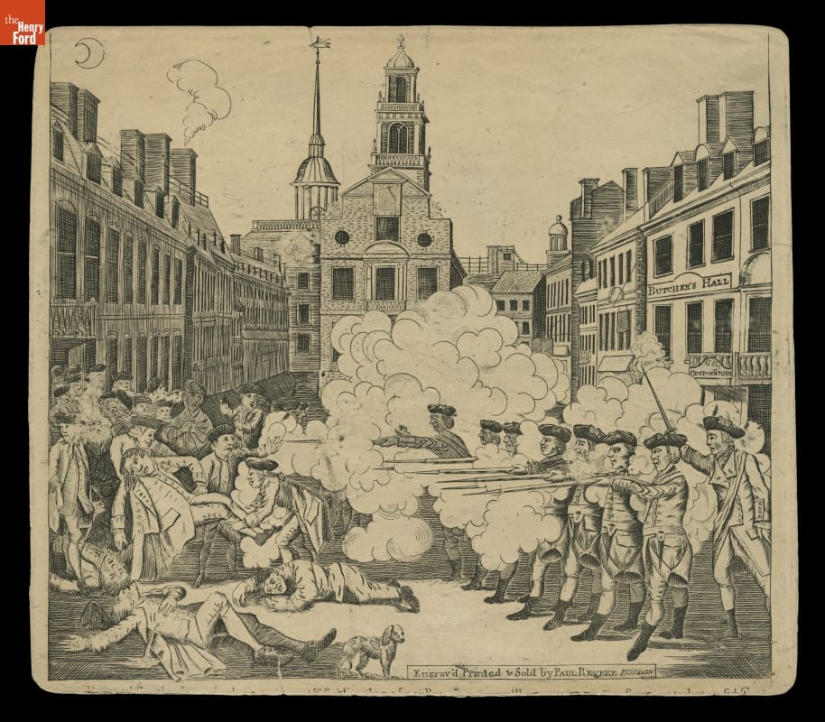 Black-and-white print of soldiers firing on people in a town square or street