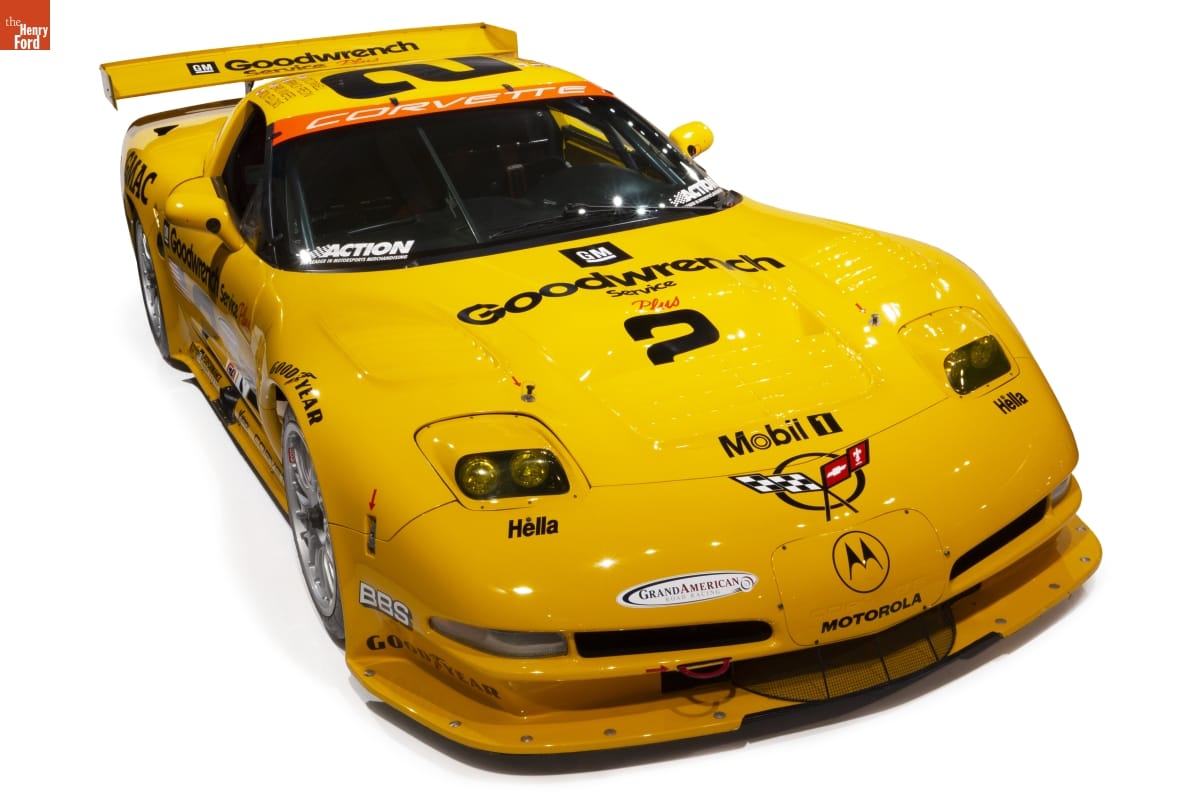 2001 C5-R Corvette Low yellow race car with text and logos