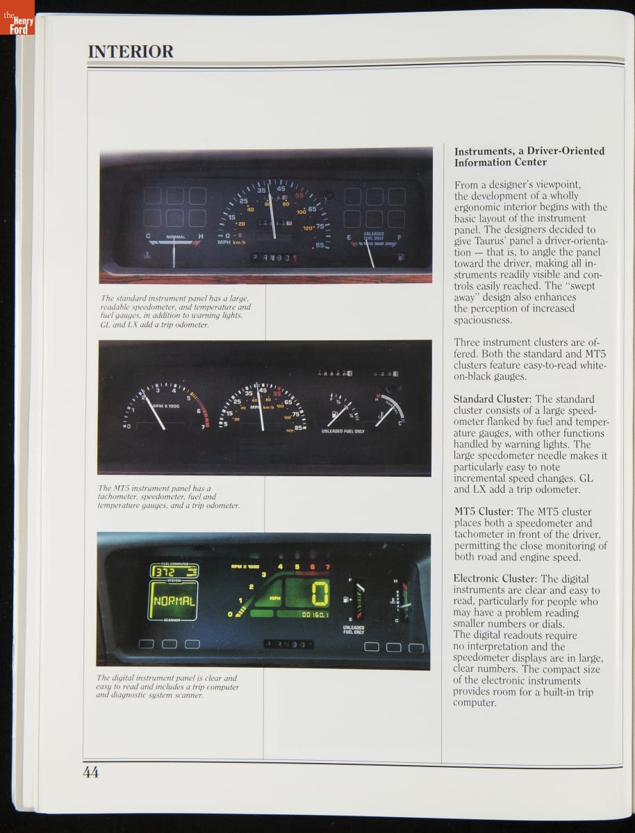Marketing Manual for the 1986 Ford Taurus / page 44 Page with text and three color images of dials and gauges (some digital) in a car dash (?)