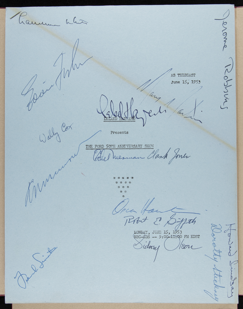Script for the Ford Motor Company 50th Anniversary TV Show, Broadcast June 15, 1953 / title page Page with a small amount of typewritten text and many signatures