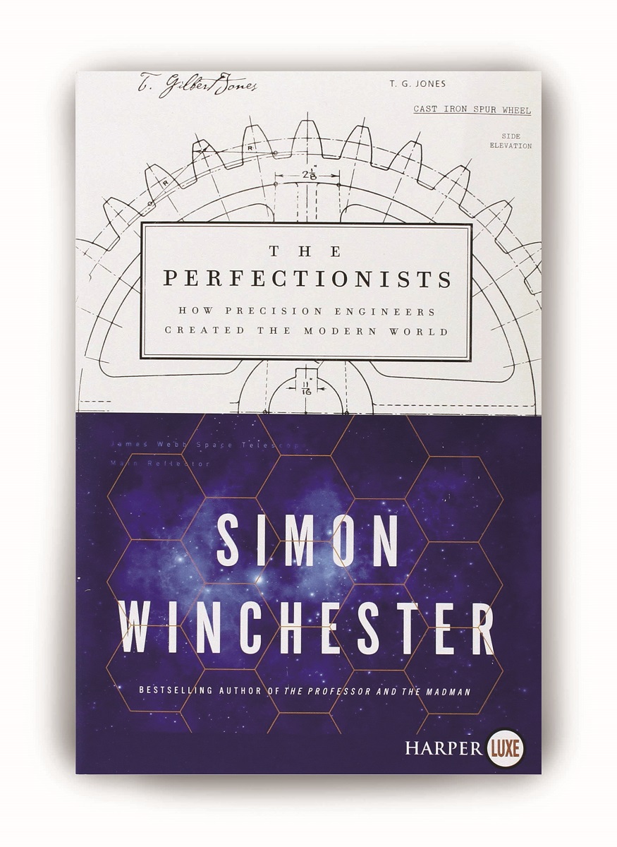 The Perfectionists: How Precision Engineers Created the Modern World Blue and white book cover with text, line drawing of gears, and image of space