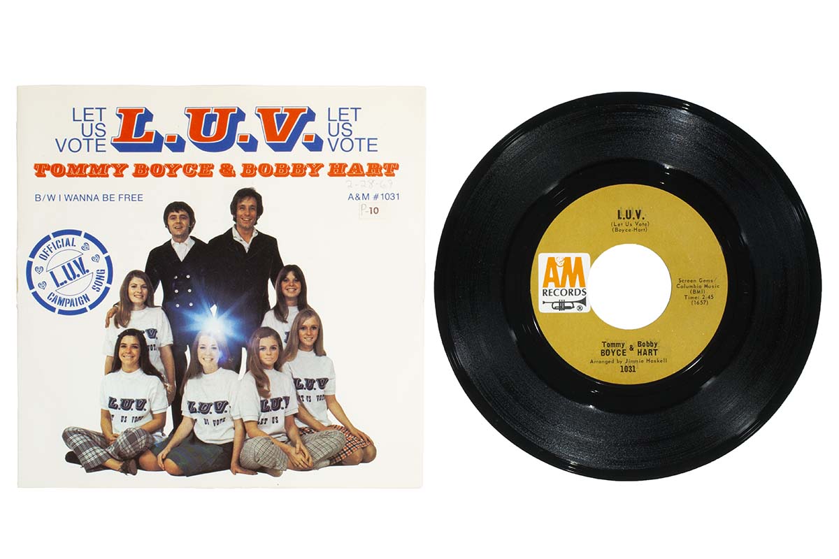 Record Album, “L.U.V (Let Us Vote)," 1969 Record cover featuring a group of people and text, sitting next to a single record