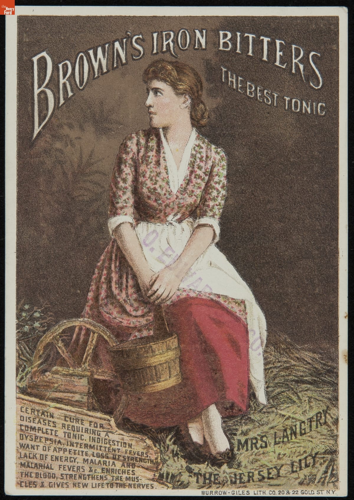 Trade Card for Brown's Iron Bitters, Brown Chemical Co., 1890-1900 Sitting woman in floral dress with white apron, holding pail; also contains text