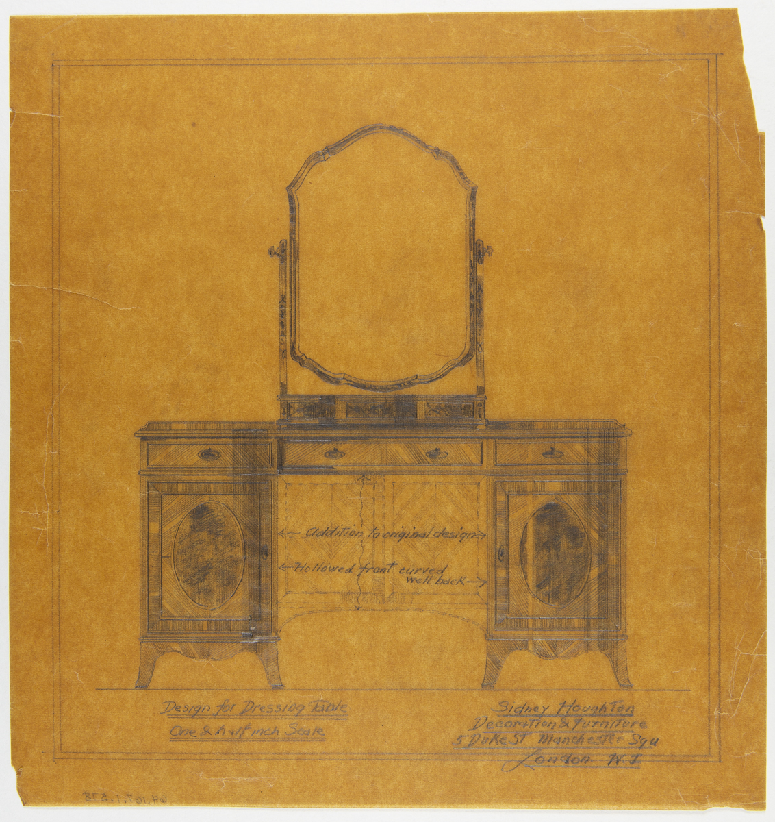 Presentation Drawing of a Dressing Table for Fair Lane Estate, 1924 Yellowed drawing of dressing table or vanity